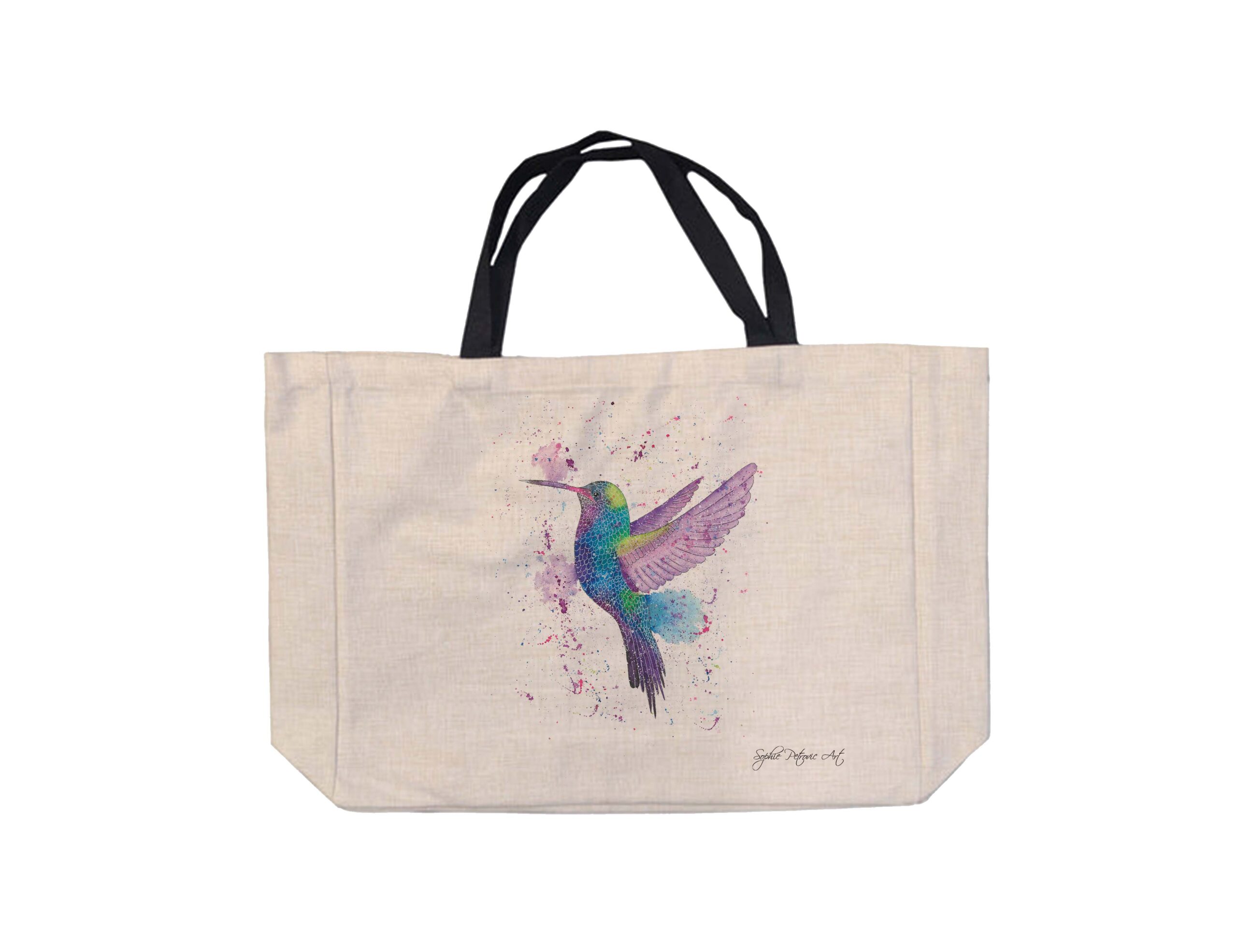 Large Linen Shopping Tote Hattie The Hummingbird - Sophie Petrovic Art