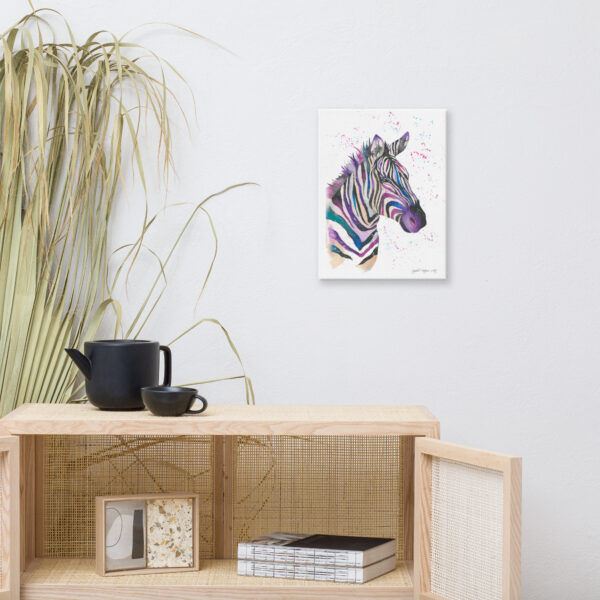 safari zebra wall art on stretched canvas, showcasing the intricate watercolour stripe patterns and expressive features