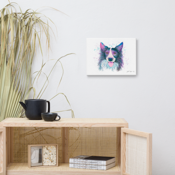 Border Collie wall art on stretched canvas, showcasing the fine brushstrokes and expressive character of a watercolour sheepdog