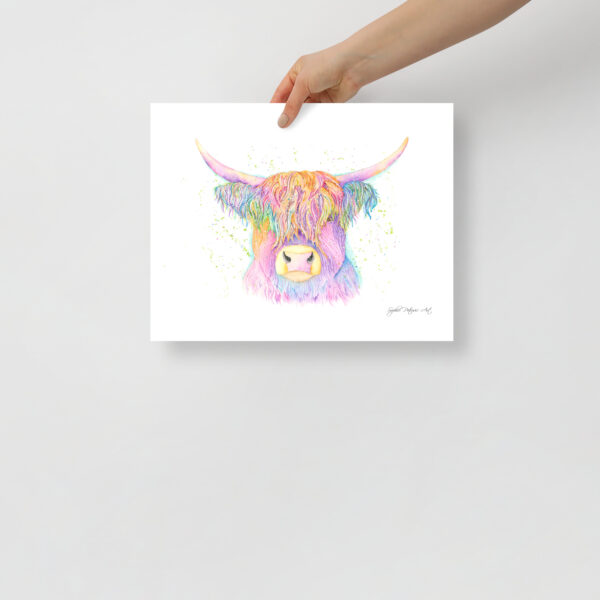Large highland cow art print featuring Hank, a hand-painted watercolour cow
