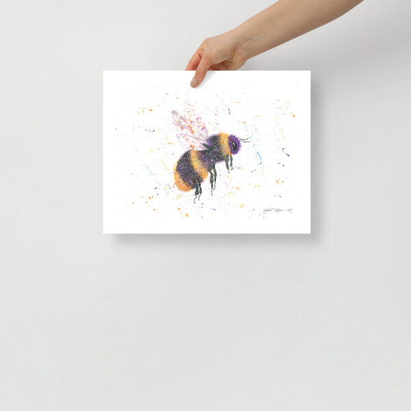 High-quality bumblebee wall art on textured paper, showcasing the delicate watercolour 'fuzz' and translucent wing detail of Bonnie the Bee