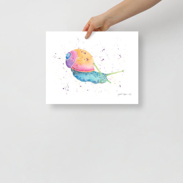 High-quality garden wildlife art on textured paper, showcasing the intricate spiral details and soft watercolour washes of Sid the Snail