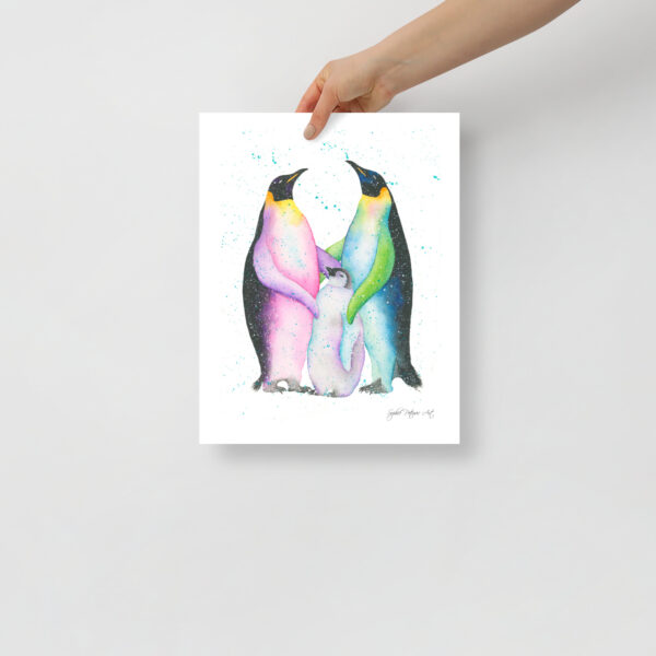 Tender penguin art print featuring a family of watercolour penguins
