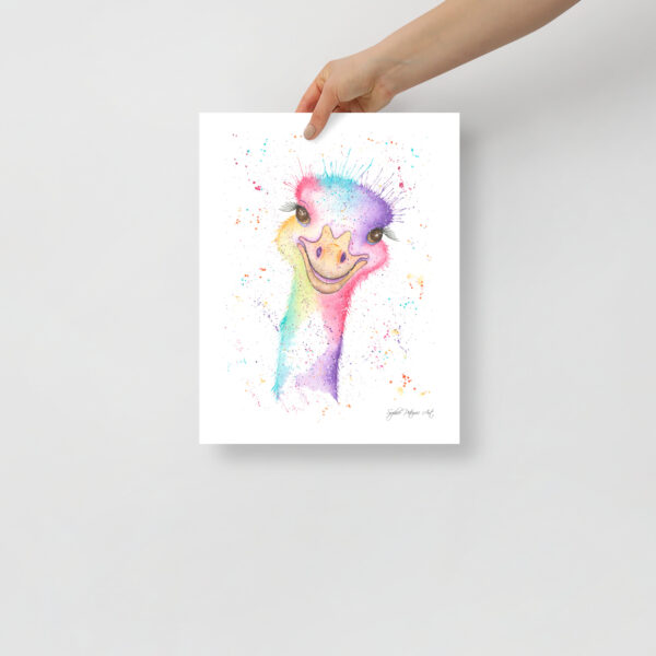 Fun and quirky ostrich art print featuring Emma, a hand-painted watercolour ostrich