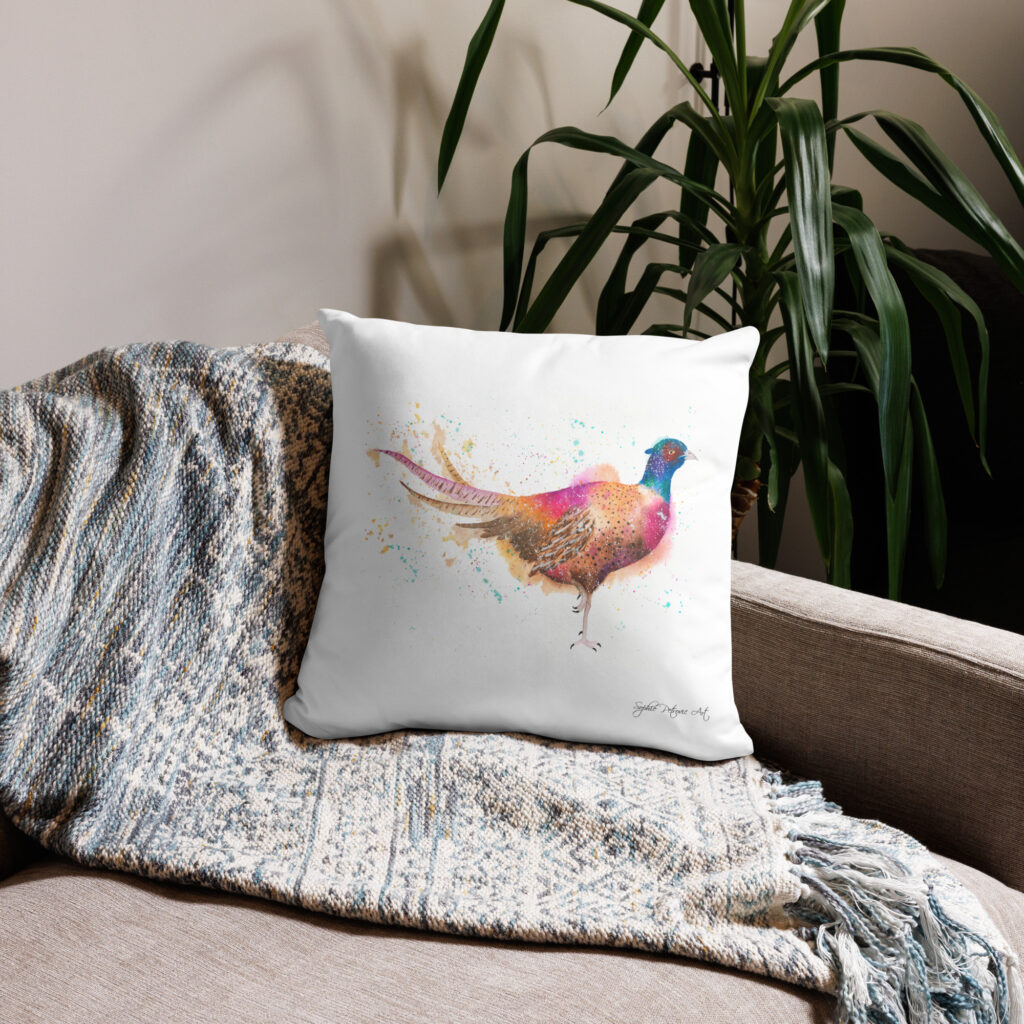 pheasant cushion featuring Phil the Pheasant, a hand-painted watercolour design