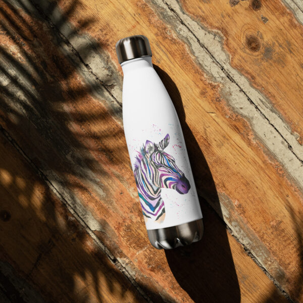 Custom name water bottle featuring Zoe the Zebra watercolor art