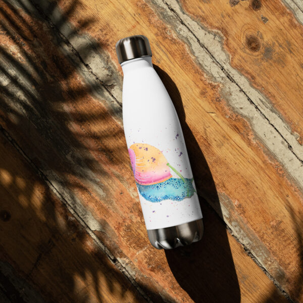 stainless steel water bottle featuring Sid the Snail, a hand-painted watercolour design with a spiralled shell and a personalised name option