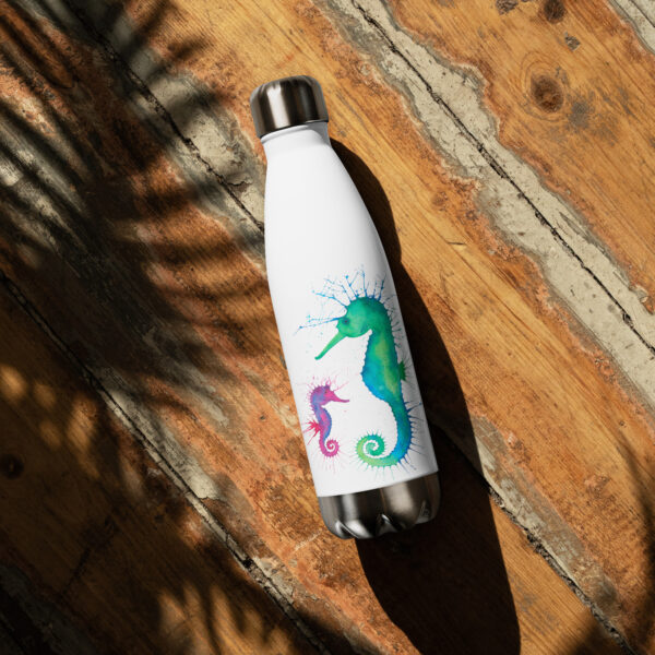 Elegant stainless steel drinks bottle featuring a pair of watercolour seahorses