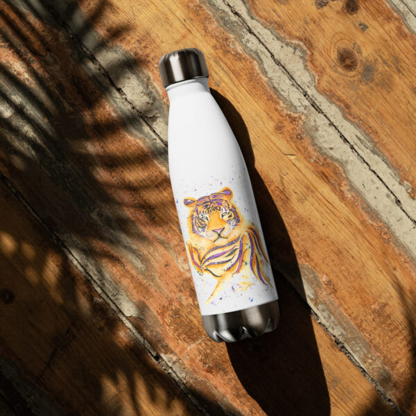 Bold stainless steel water bottle featuring Terrance the Tiger, a hand-painted watercolour design