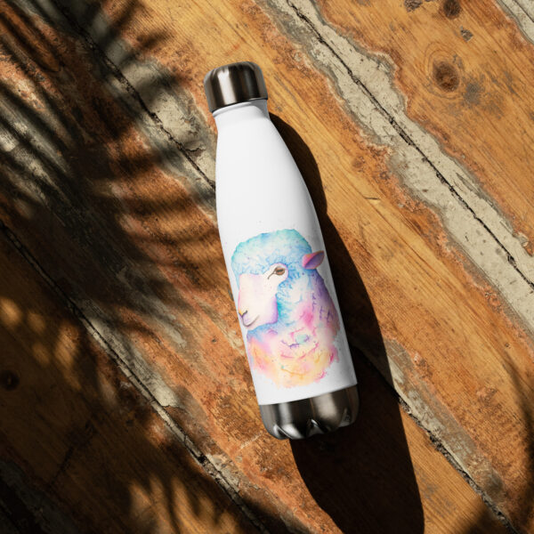 Sweet stainless steel water bottle featuring Sarah the Sheep, a hand-painted watercolour
