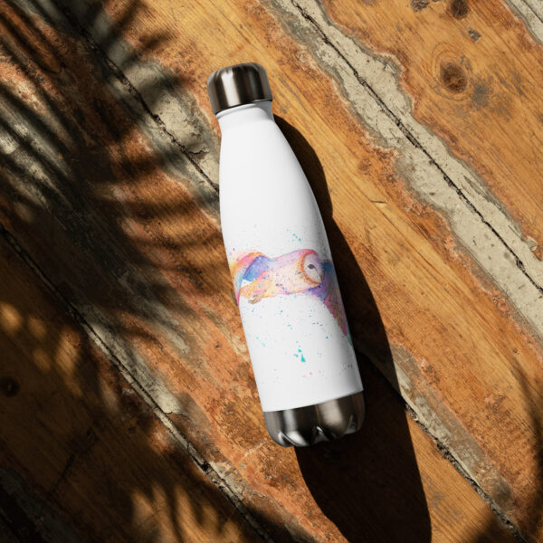 Elegant stainless steel water bottle featuring a hand-painted watercolour Barn Owl
