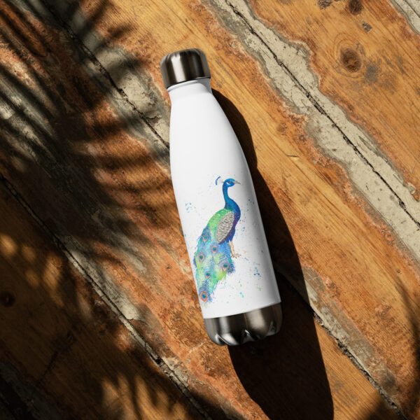 Vibrant stainless steel water bottle featuring Mr P the Peacock, a hand-painted watercolour design