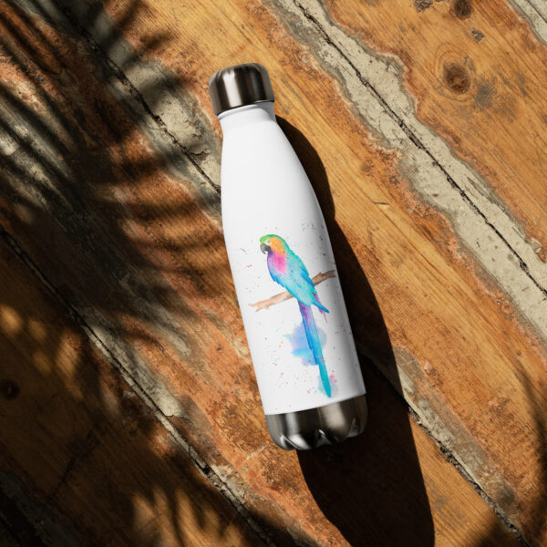 Vibrant stainless steel water bottle featuring Pippa the Parrot, a hand-painted watercolour design