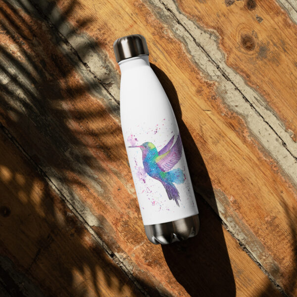 Vibrant stainless steel water bottle featuring Hattie the Hummingbird, a hand-painted watercolour design