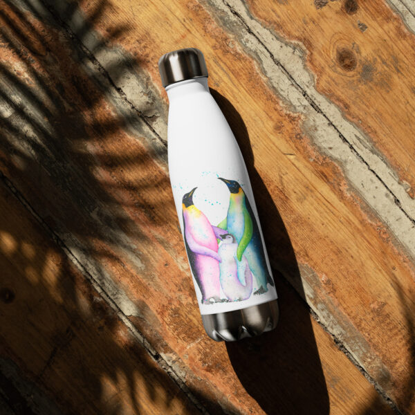 Adorable stainless steel water bottle featuring a watercolour penguin family