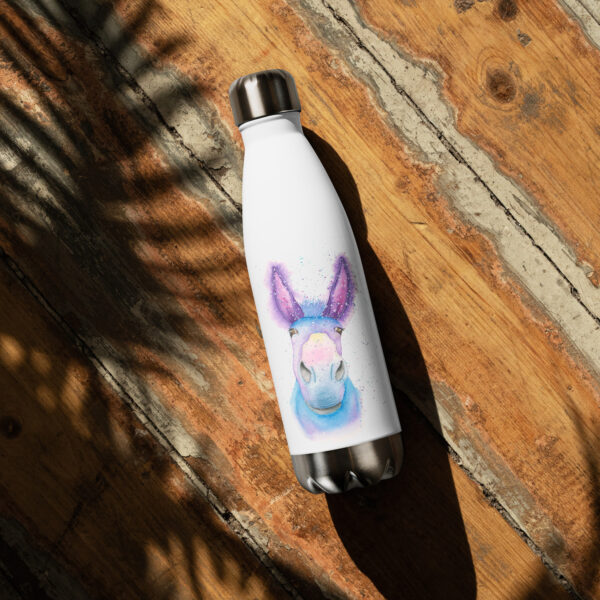 Sweet stainless steel water bottle featuring Derick the Donkey, a hand-painted watercolour design