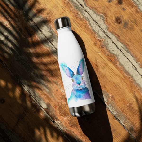 Whimsical stainless steel water bottle featuring a soft blue watercolour rabbit with long ears