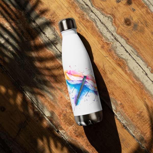 Elegant stainless steel water bottle featuring a hand-painted watercolour dragonfly