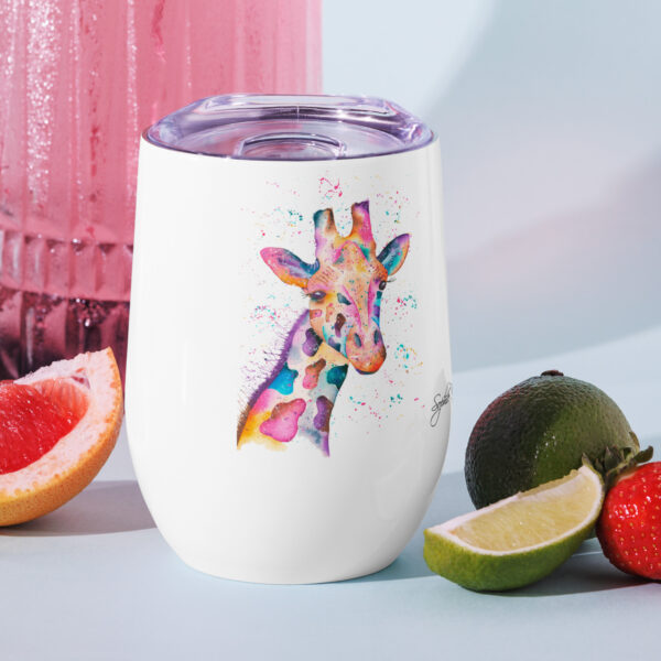 Colourful personalised stainless steel wine tumbler featuring Georgina the Giraffe, a hand-painted watercolour design