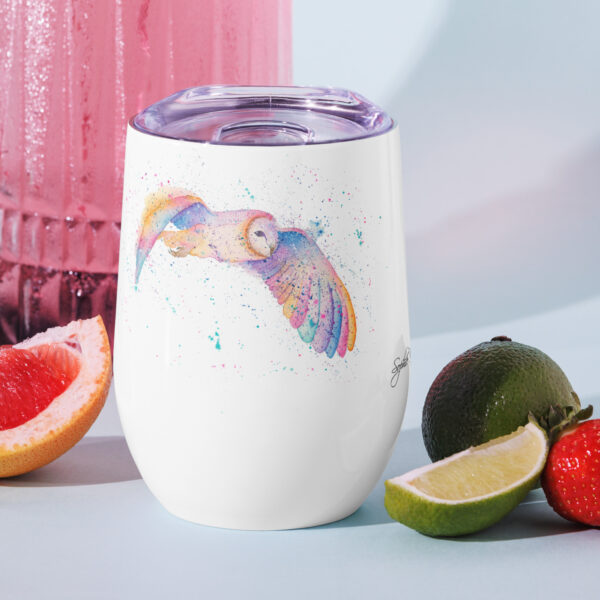 colourful personalised stainless steel wine tumbler featuring a hand-painted watercolour barn owl