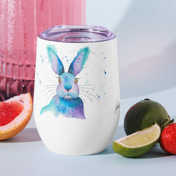 personalised stainless steel wine tumbler featuring a soft blue watercolour rabbit with long ears