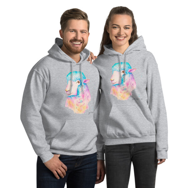 Adults' unisex sheep hoodie featuring Sarah the Sheep, a vibrant watercolour design with a front pouch pocket. by sophie petrovic