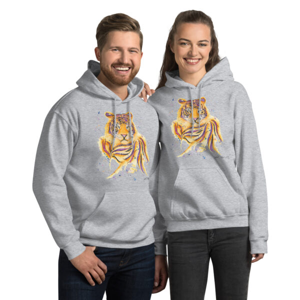 Adults' unisex tiger hoodie featuring Terrance the Tiger, a vibrant watercolour design with a front pouch pocket by sophie petrovic