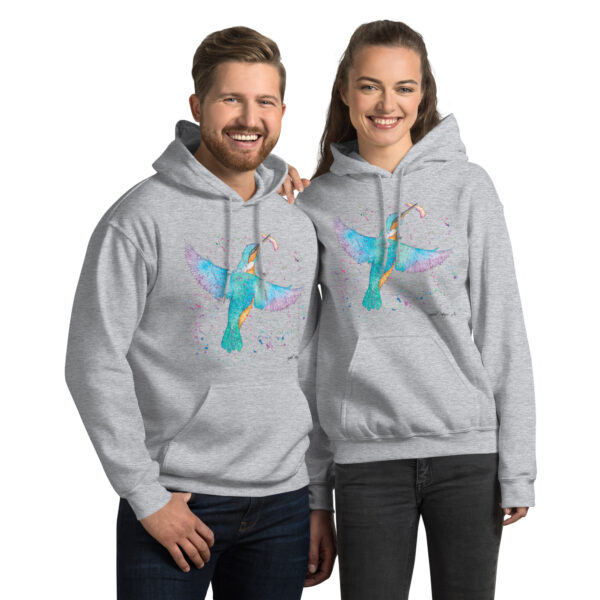 Adults' unisex kingfisher hoodie featuring a vibrant watercolour bird design with a front pouch pocket by sophie petrovic art