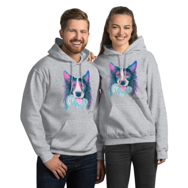 Adults' unisex collie hoodie featuring Pepper the Border Collie, a vibrant watercolour design with a front pouch pocket by sophie petrovic art