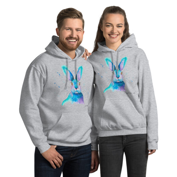 Adults' unisex rabbit hoodie featuring a vibrant blue watercolour bunny design with a front pouch pocket by sophie petrovic art
