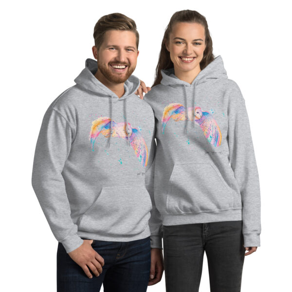 Adults' unisex barn owl hoodie featuring a majestic owl in vibrant watercolours with a front pouch pocket. by sophie petrovic
